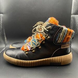 Josef Seibel Maren Ankle Boots Size 40 (9) Black Leather Multicolor Wool Trim